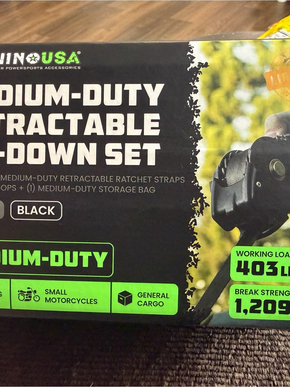 Rhino USA Medium-Duty Retractable Tie-Down Set - Black/Neon Green